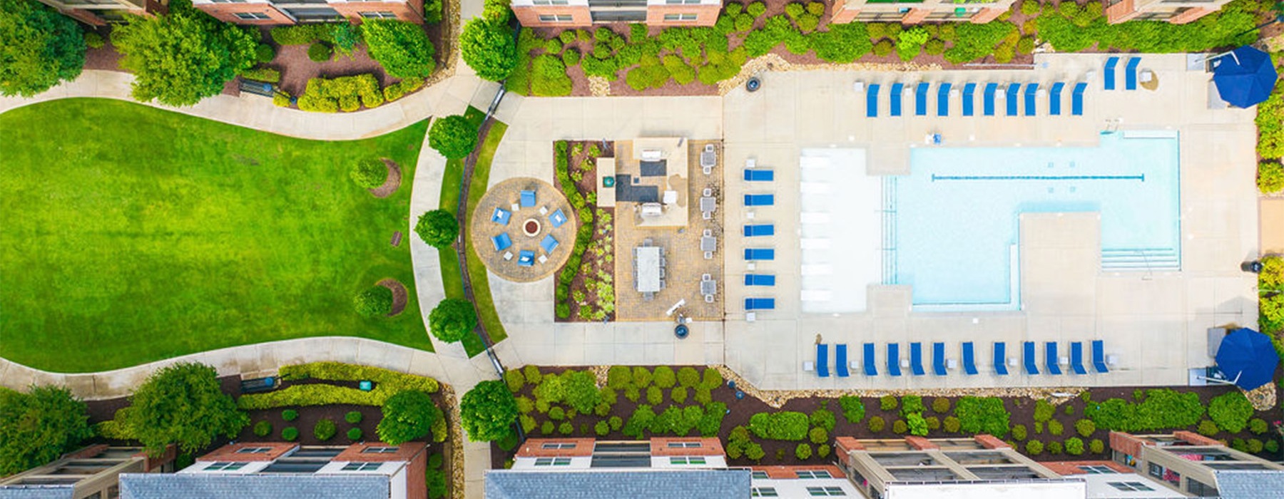 Aerial view of pool and courtyard